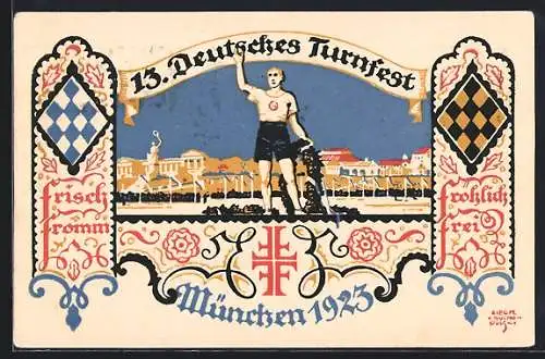 Künstler-AK sign.: Suchodolski: München, 13. Deutsches Turnfest 1923, Frisch-fromm-fröhlich-frei