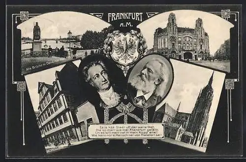 AK Frankfurt a. M., Alte Brücke mit Denkmal Karl des Grossen, Circus Schumann, Goetheportrait