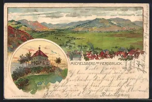 Lithographie Hersbruck, Gasthaus Michelsberg mit Ortsansicht und Bergpanorama