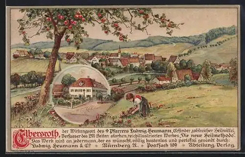 AK Elbersroth, Mädchen pflückt Blumen unter dem Apfelbaum, Ortsansicht