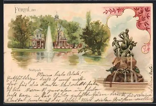 Lithographie Fürth i. B., Stadtpark, Kunstbrunnen
