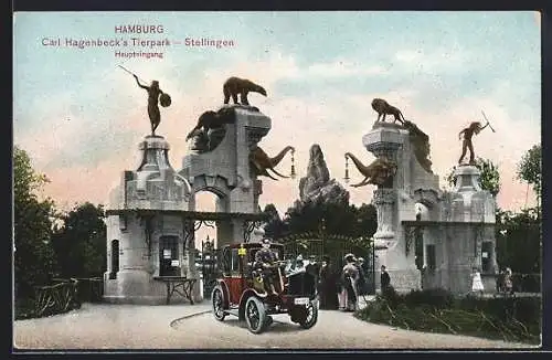 AK Hamburg-Stellingen, Auto Lloyd-Krieger (1910 /11), Fahrzeug am Haupteingang zu Carl Hagenbeck`s Tierpark