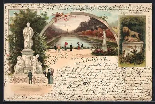 Lithographie Berlin-Tiergarten, Gothe Denkmal, Löwengruppe, Partie im Tiergarten