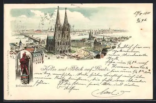 Lithographie Köln, Blick auf den Dom und Deutz