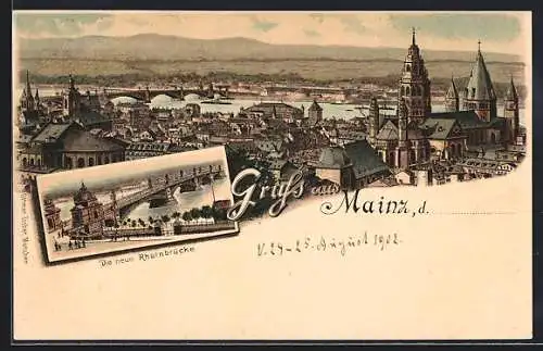 Lithographie Mainz, Ortsansicht mit Rheinbrücke