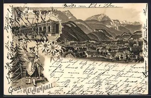 Lithographie Bad Reichenhall, Gesamtansicht mit Alpenpanorama, Blick auf die Colonaden und Frau in bayerischer Tracht
