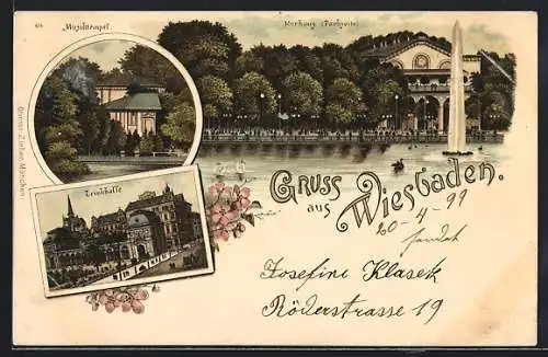 Lithographie Wiesbaden, Trinkhalle, Musiktempel, Kurhaus mit Parkseite