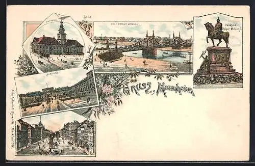 Lithographie Mannheim, Schloss, Denkmal, Rathaus, Neue Neckar-Brücke, Kaiser Wilhelm-Denkmal