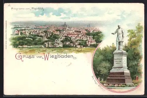 Lithographie Wiesbaden, Denkmal Kaiser Wilhelm I. und Panorama