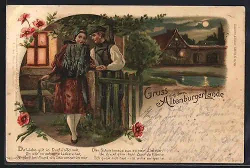 Lithographie Liebespaar in thüringischer Tracht