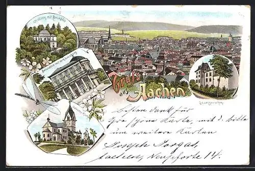 Lithographie Aachen, Lousberg mit Belvedere, Salvator Kirche u. Linzenhäuschen