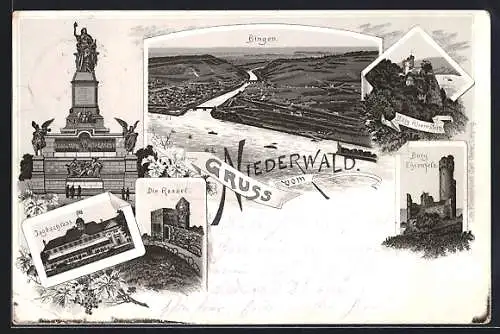 Lithographie Bingen / Rhein, Ortsansicht von oben, Burg Rheinstein, Burg Ehrenfels, Jagdschloss