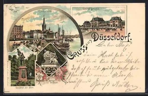 Lithographie Düsseldorf, Rhein-Werft, Central-Bahnhof, Kriegerdenkmal