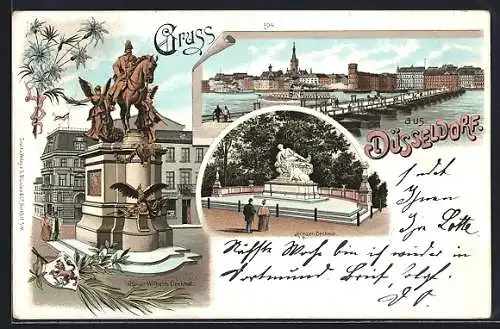 Lithographie Düsseldorf, Blick über den Rhein auf die Stadt, Kaiser-Wilhelm-Denkmal, Krieger-Denkmal, Blumen, um 1900