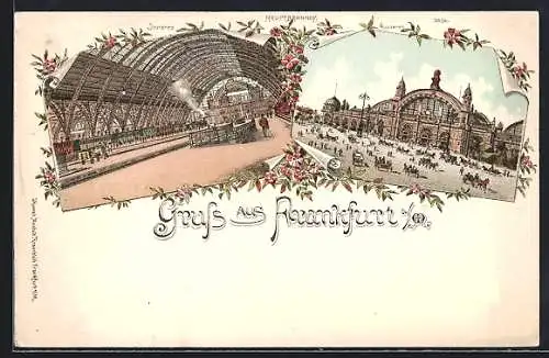 Lithographie Frankfurt, Hauptbahnhof, Innen- und Aussenansicht