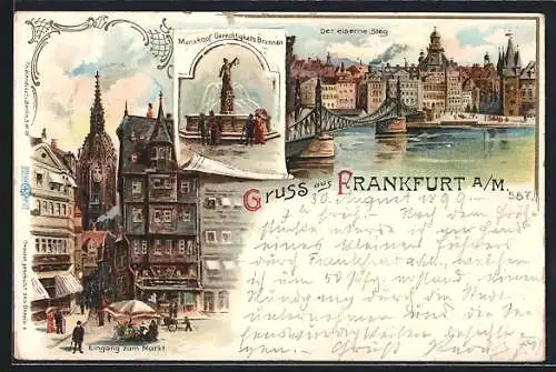 Lithographie Alt-Frankfurt, der eiserne Steg, Marktplatz und Gerechtigkeitsbrunnen