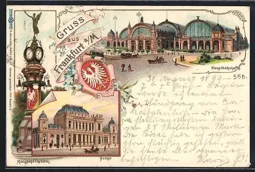 Lithographie Frankfurt /Main, Hauptbahnhof und Börse