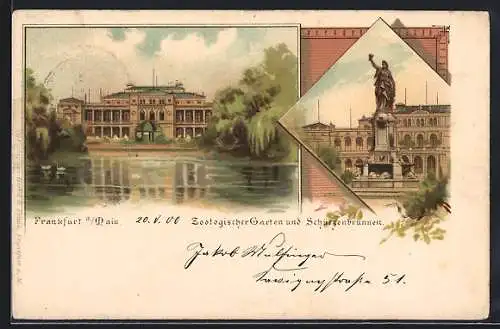 Lithographie Frankfurt-Ostend, Zoologischer Garten und Schützenbrunnen