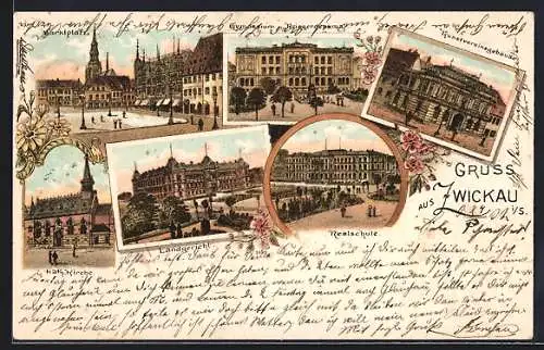 Lithographie Zwickau, Landgericht, Realschule, Gymnasium und Kriegerdenkmal