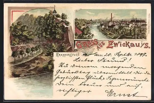 Lithographie Zwickau, Partie im Knappengrund, Blick auf die Stadt