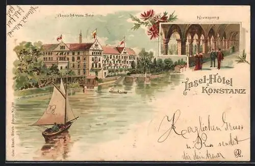 Lithographie Konstanz, Insel-Hotel vom See aus & Kreuzgang