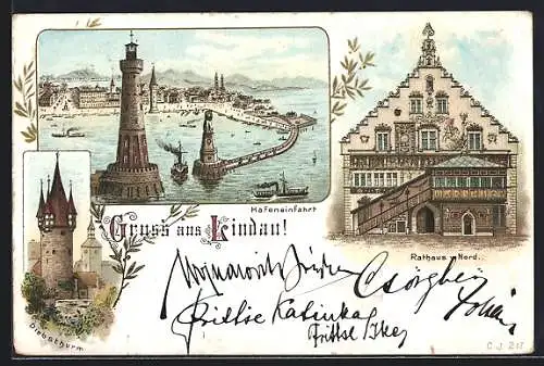 Lithographie Lindau / Bodensee, Diebsturm, Rathaus, Ortsansicht