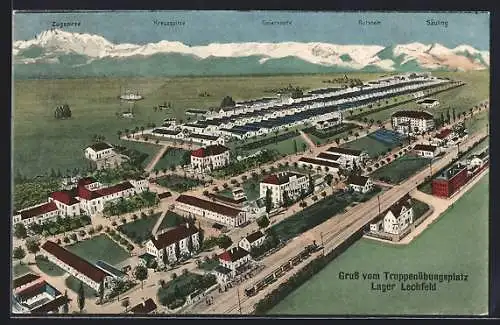 AK Lager Lechfeld, Blick auf den Truppenübungsplatz aus der Vogelschau m. Eisenbahn