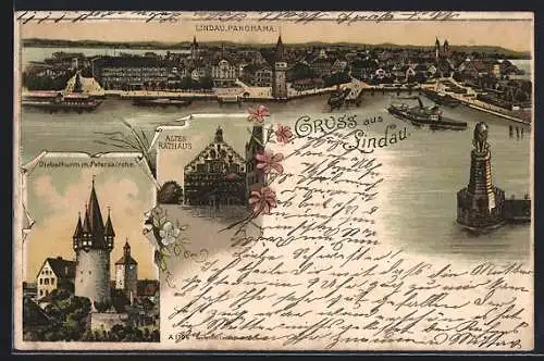 Lithographie Lindau / Bodensee, Panoramablick mit Hafen, Altes Rathaus, Diebsthurm m. Peterskirche