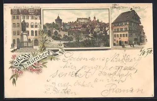 Lithographie Nürnberg, Strassenpartie und Albrecht Dürer-Haus