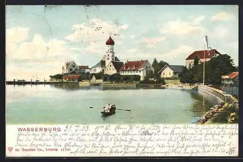 AK Wasserburg / Bodensee, Uferpartie mit Ruderer