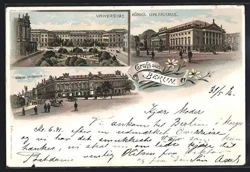 Lithographie Berlin, Königl. Zeughaus, Universität und Königl. Opernhaus