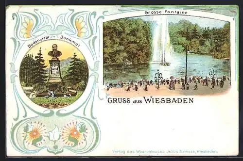 Lithographie Wiesbaden, Bodenstedt-Denkmal und Grosse Fontaine