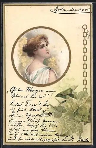 Lithographie Junge Frau mit verträumtem Blick, Weinranke