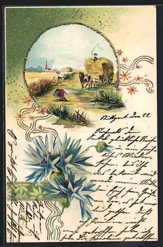 AK Fröhliche Pfingsten, Getreideernte im Ort mit Blumen im Jugendstil