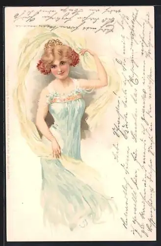 AK Schöne Blonde mit Tüllschleier, Jugendstil