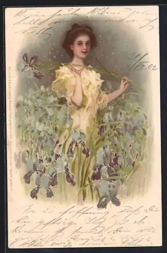 Lithographie Eine junge Frau im blühenden Feld bei Nacht, Jugendstil