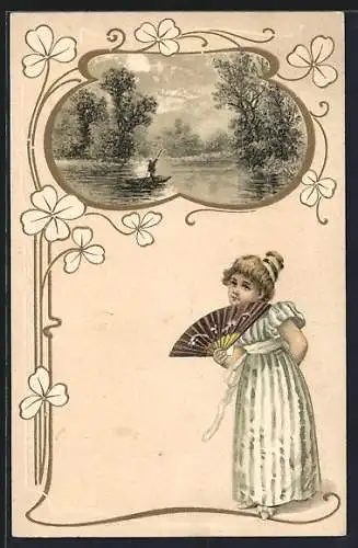Lithographie Mädchen mit Handfächer, Mann im Stocherkahn, Jugendstil
