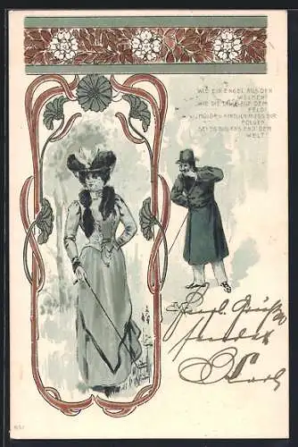 Lithographie Frau in Ausgehkleidung mit Wanderstock, ein Mann hinter ihr, Jugendstil