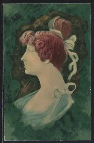 Präge-AK Seitliches Konterfei einer rothaarigen Frau, Jugendstil