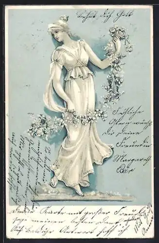 Lithographie Dame im weissen kleid mit Blumenzier, Jugendstil