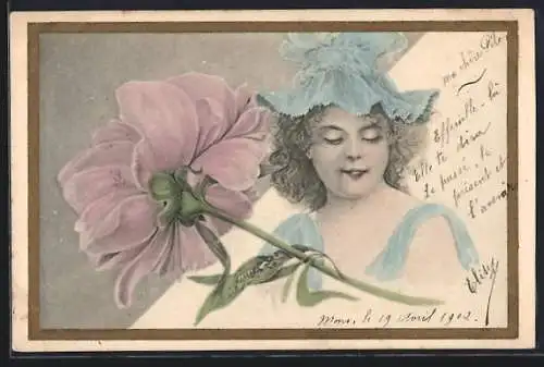 Künstler-AK Mädchen mit blauem Hut, grosse Blume, Jugendstil