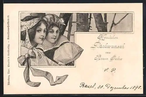 Lithographie Zwei Damen in einem Wald, Jugendstil