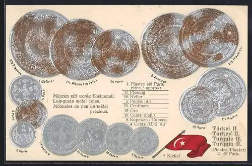 AK Türkei, Münzen der Türkei mit wenig Edelmetall, Umrechnungstabelle, Fahne
