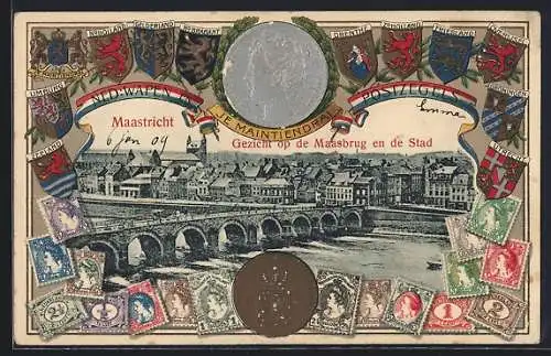 Präge-AK Maastricht, Gezicht op de Maasbrug en de Stad, Briefmarken und Wappen