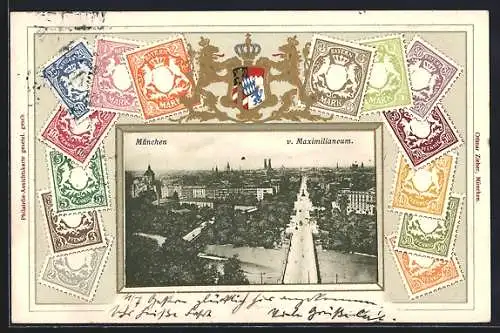 Präge-AK München, Ausblick vom Maximilianeum, Briefmarken