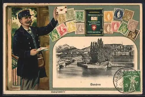 Passepartout-Lithographie Geneve, Ile Rousseau, Postbote und Briefmarken