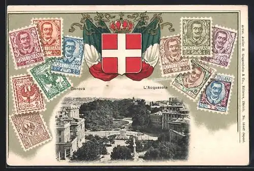 Präge-AK Genova, L`Acquasola, Briefmarken mit Wappen und Nationalflagge