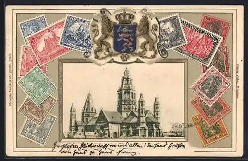 Präge-AK Mainz, Dom St. Martin, Briefmarken und Wappen