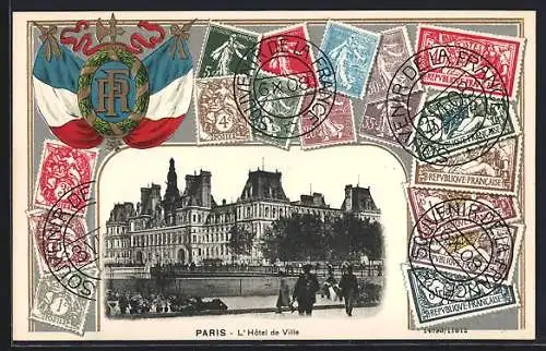 Präge-AK Paris, L`Hotel de Ville, Briefmarken und französische Nationalflagge