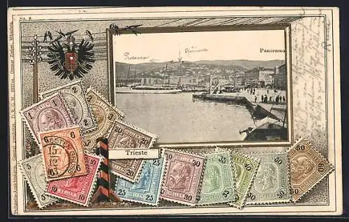 Präge-AK Trieste, Panorama, österreichische Briefmarken, Doppeladler